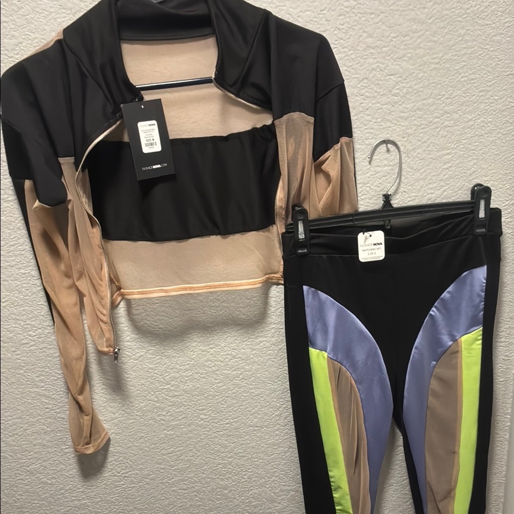 Fashion Nova Black and Beige Jumpsuit with Neon Highlights
